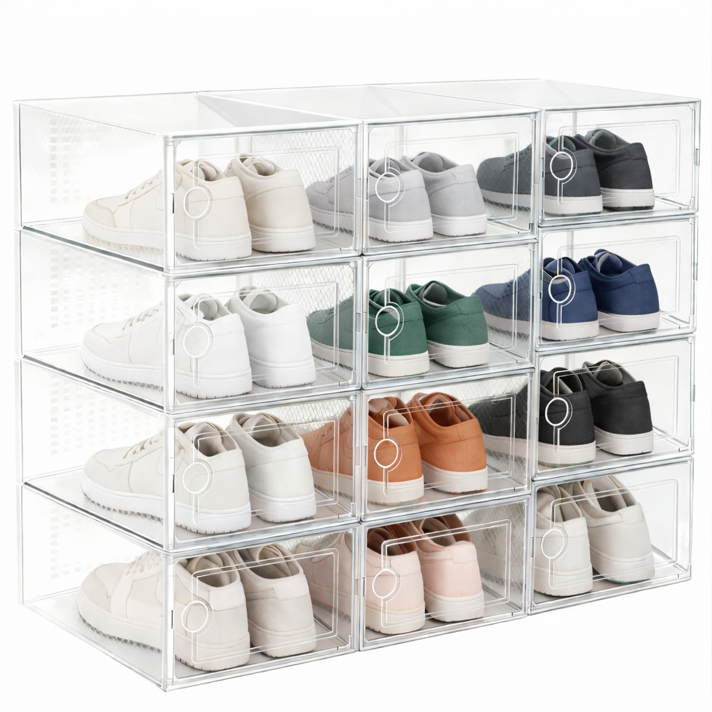 12 Cajas de Zapatos Blancas y transparentes Apilables con Apertura Frontal