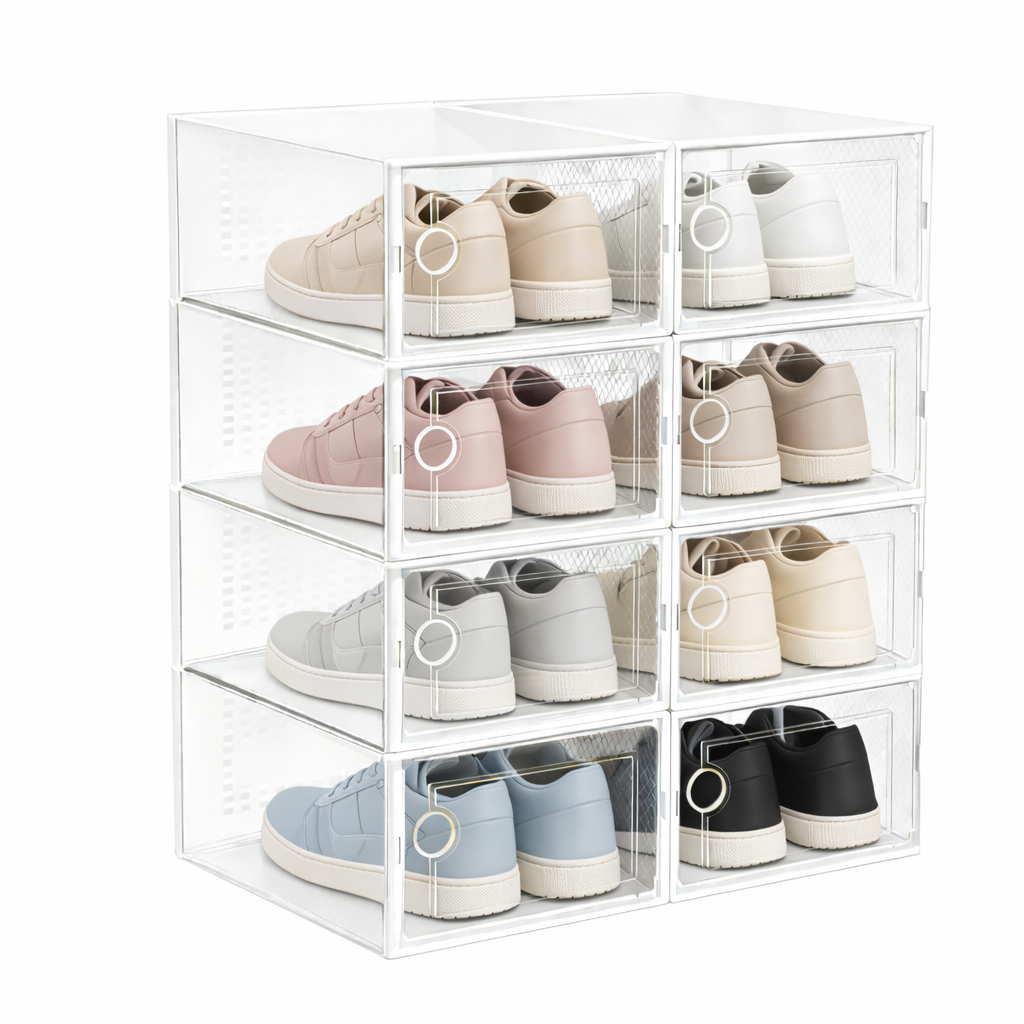 8 Cajas de Zapatos Blancas y transparentes Apilables con Apertura Frontal